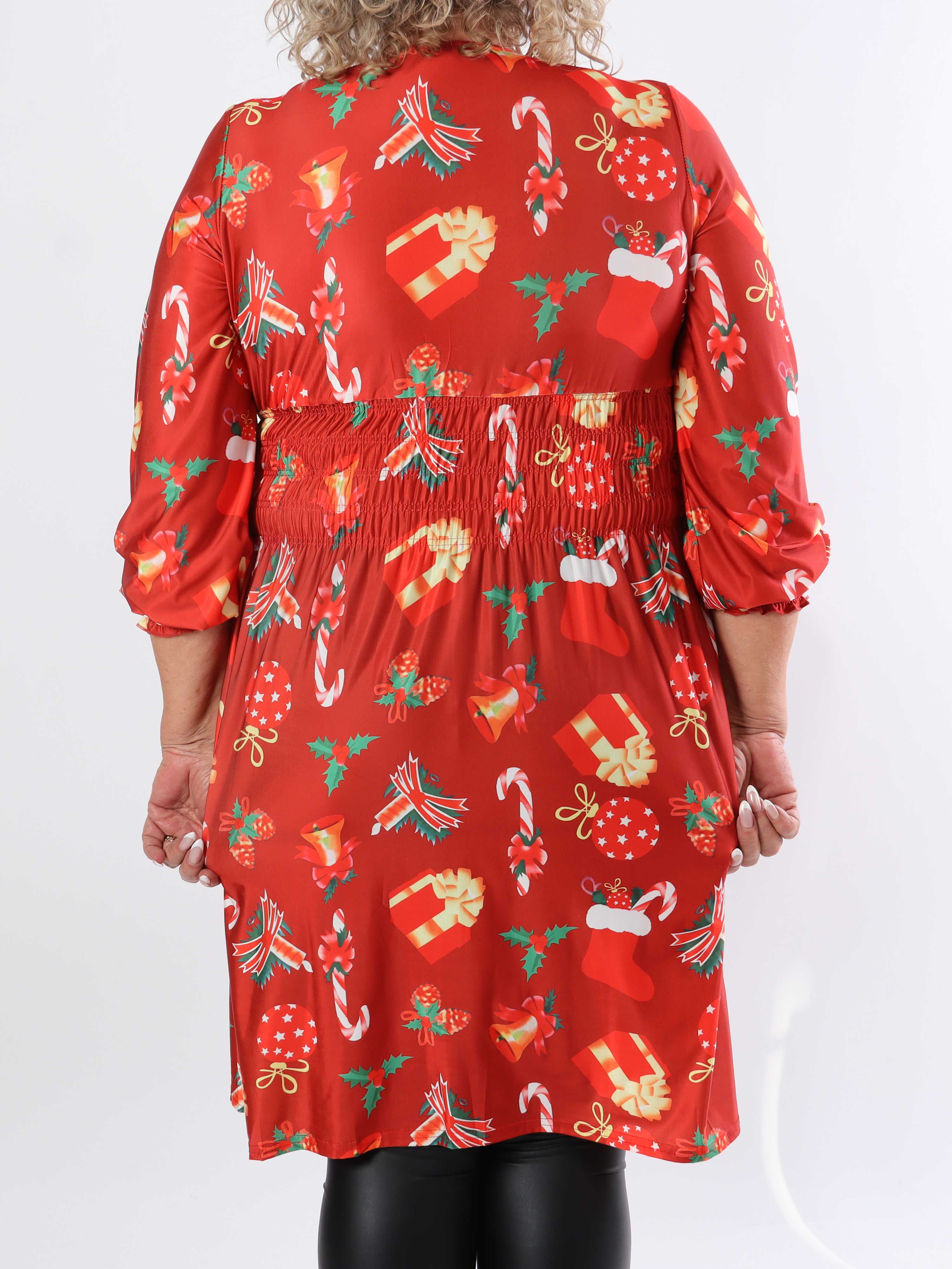 Pams Holiday Short L/S - Elastisk plus size kjole med julemotiver